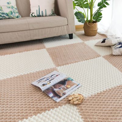 XSMYdpUS 24 X 24 Inch Interlocking Carpet Tiles, Foam Floor Tiles, Soft Fluffy Plush Area Rugs, Puzzle Play Mat for Living Room Bedroom(Size:10 Tiles,Color:Beige+Khaki)