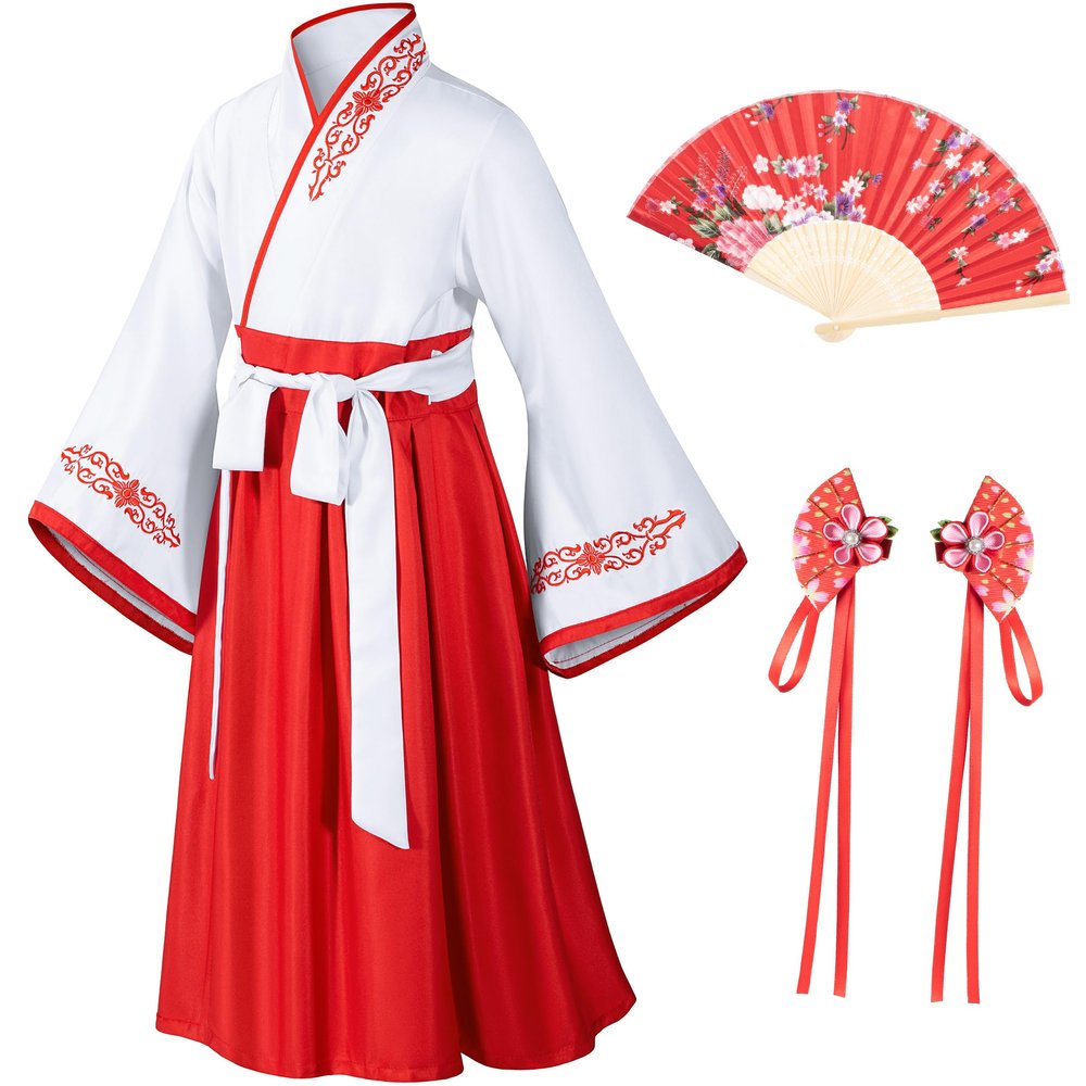 Asian Traditional Dress Kimono Robe for Kids Girls Costume Silk Folding Fans hairstick CosplayWhite Red 140cm