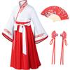 Asian Traditional Dress Kimono Robe for Kids Girls Costume Silk Folding Fans hairstick CosplayWhite Red 140cm view 1