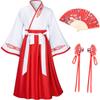 Asian Traditional Dress Kimono Robe for Kids Girls Costume Silk Folding Fans hairstick CosplayWhite Red 140cm view 3