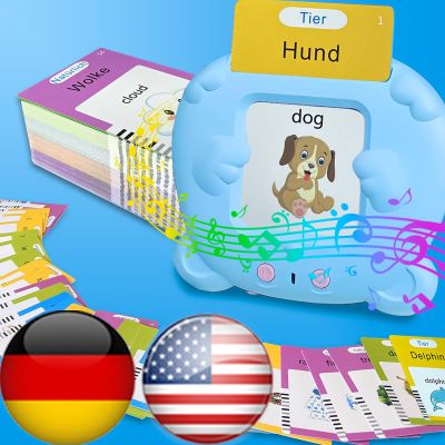 HALCONTORNO Bilingual English German Flash Cards - Deutsch Talking Flash Cards for Kids, Pocket Speech for Toddlers 3-12, Educational Learning Toys, Audible Gift Play Cards, Autism Sensory Toys (Blue)