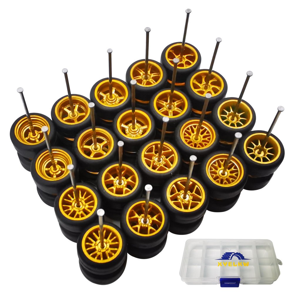 1/64 Wheels and Tires Set, 10-Pack 1 64 Scale Wheels with 10 for 1/64 Diecast Cars Upgraded and Modified Rubber Tires(Diameter 0.43in/11mm) (Gold)