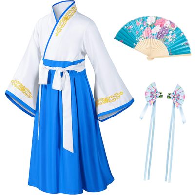 Asian Traditional Dress Kimono Robe for Kids Girls Costume Silk Folding Fans hairstick CosplayWhite Blue150cm