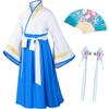 Asian Traditional Dress Kimono Robe for Kids Girls Costume Silk Folding Fans hairstick CosplayWhite Blue150cm view 1