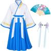 Asian Traditional Dress Kimono Robe for Kids Girls Costume Silk Folding Fans hairstick CosplayWhite Blue150cm view 2