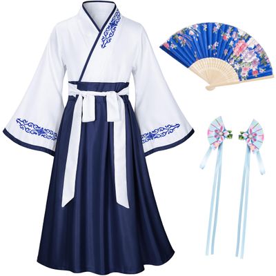 Asian Traditional Dress Kimono Robe for Kids Girls Costume Silk Folding Fans hairstick CosplayWhite Navy110cm