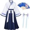 Asian Traditional Dress Kimono Robe for Kids Girls Costume Silk Folding Fans hairstick CosplayWhite Navy110cm view 1