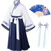 Asian Traditional Dress Kimono Robe for Kids Girls Costume Silk Folding Fans hairstick CosplayWhite Navy110cm view 2