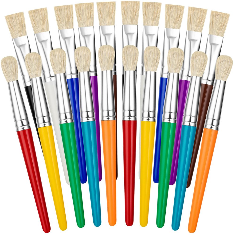 20 Pcs Kids Paint Brushes Bulk - Round & Flat, Easy Clean & Hold Toddler Brushes for Acrylic, Oil, Watercolor Washable Paint