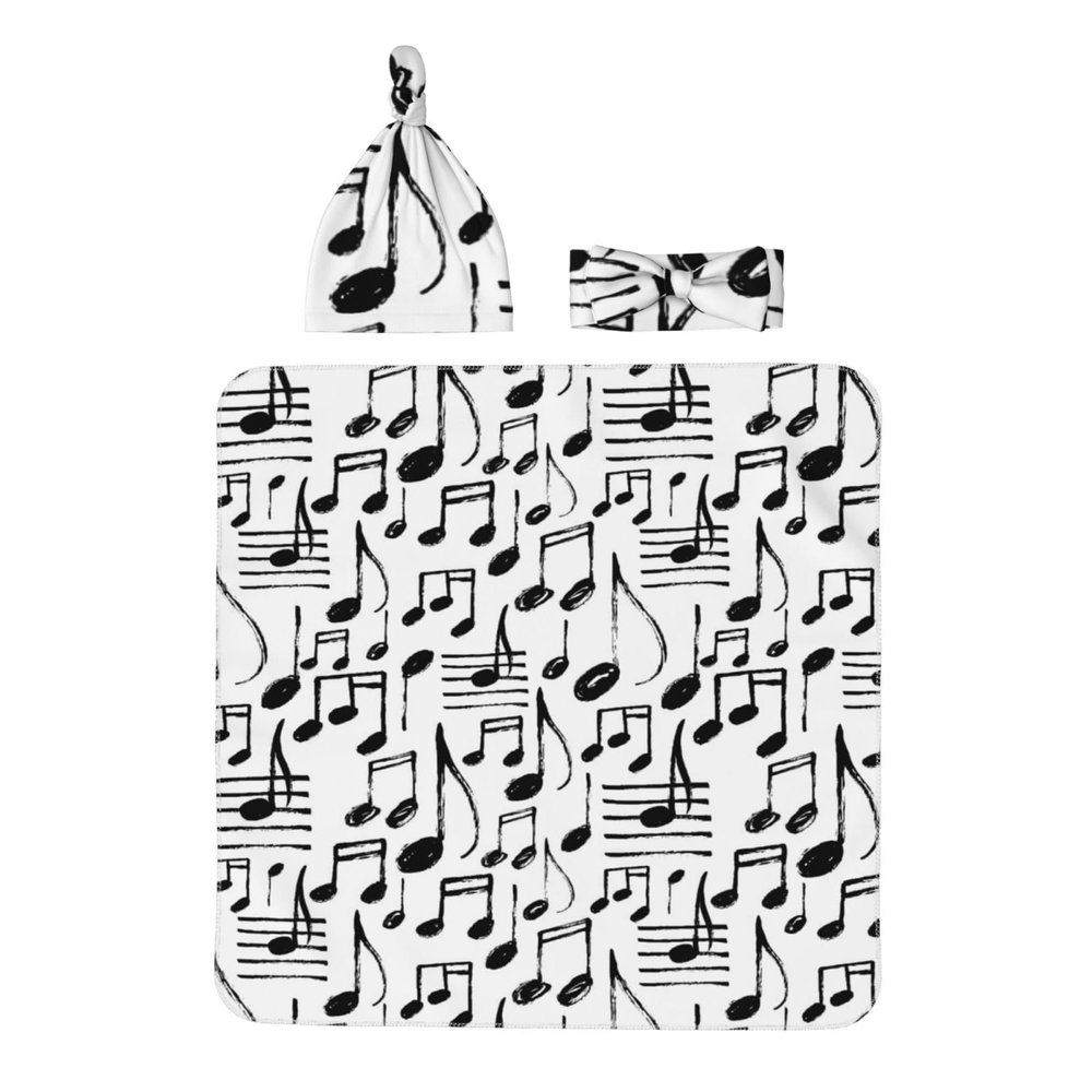 Aruzdey Hand Sketch Musical Notes Newborn Receiving Blanket Toddler Warm for Girls with Matching Hat and Bow Headband Shower Gift
