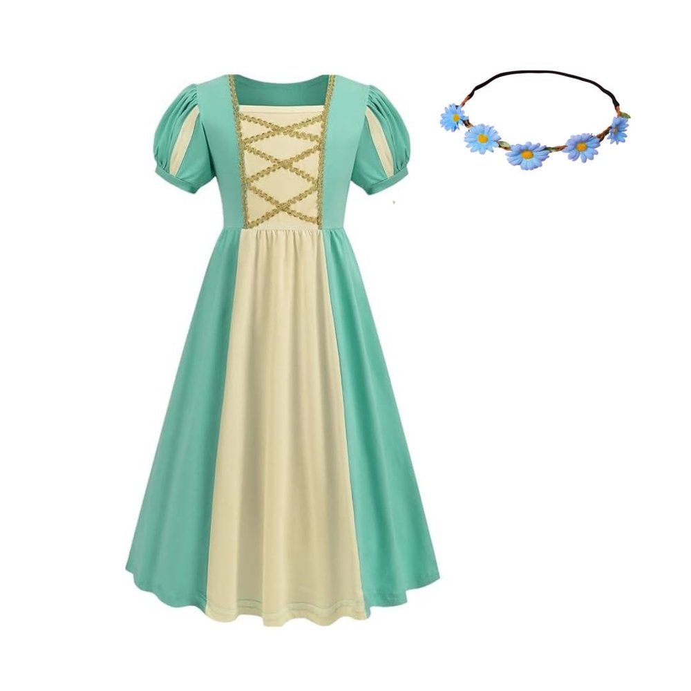 Youfenlove Renaissance Medieval Dress Princess Dress Girls Irish Costume Cosplay Retro Gown Birthday Halloween Xmas Party (Green,8-9Years)