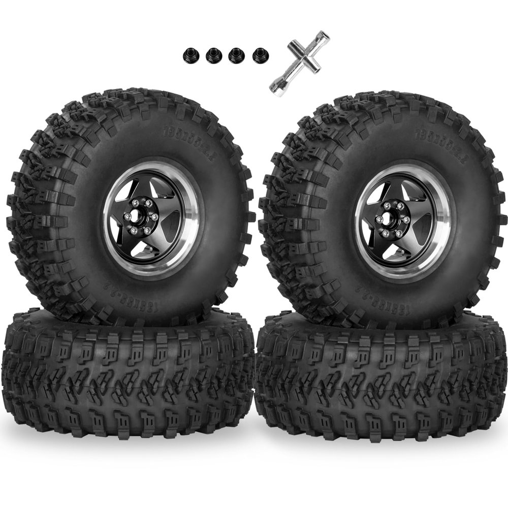 RcarmubWow RC 2.2" Beadlock Wheels and Tires for 1/8 1/10 RC Crawler SCX10 III 90046 TRX4 D90,2.2in Beadlock RC Rims 2.2in RC Beadlock Tires,4pcs,Black
