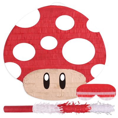Birchio Mushroom Pinatas Bundle with a Blindfold and a Bat(16.5 x 12 x 3.5 Inches), Perfect for kid's Birthday Parties, Mexican Theme Parties, Decorations