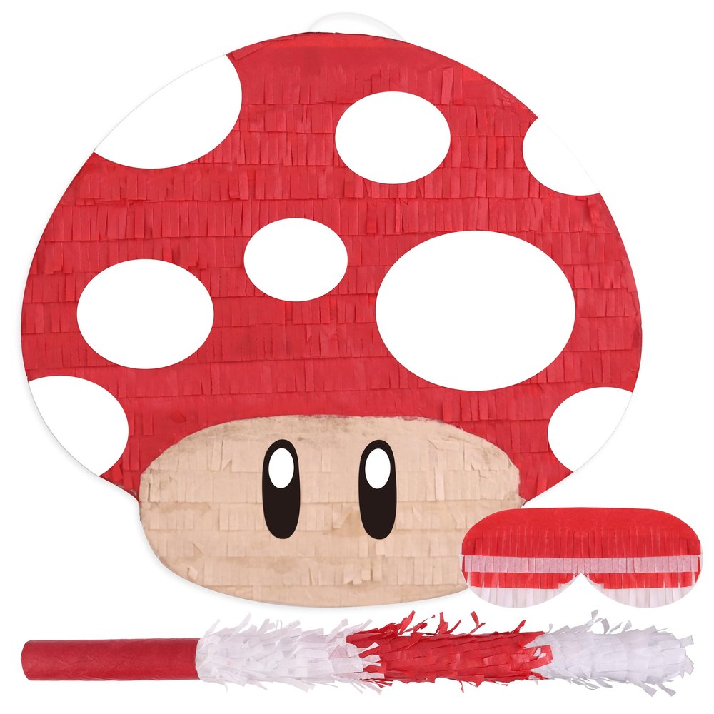 Birchio Mushroom Pinatas Bundle with a Blindfold and a Bat(16.5 x 12 x 3.5 Inches), Perfect for kid's Birthday Parties, Mexican Theme Parties, Decorations