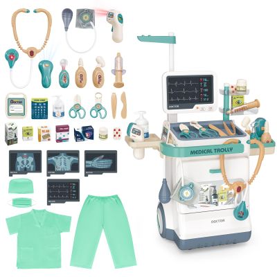 deAO Doctor Kit for Toddlers 3-5, Kids Doctor Playset Toys, Pretend Station Set with Cart, Costume,Stethoscope and Thermometer, Halloween Costume Gift for Boys Girls Role Play (Green)