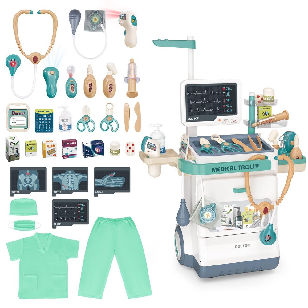 deAO Doctor Kit for Toddlers 3-5, Kids Doctor Playset Toys, Pretend Station Set with Cart, Costume,Stethoscope and Thermometer, Halloween Costume Gift for Boys Girls Role Play (Green)