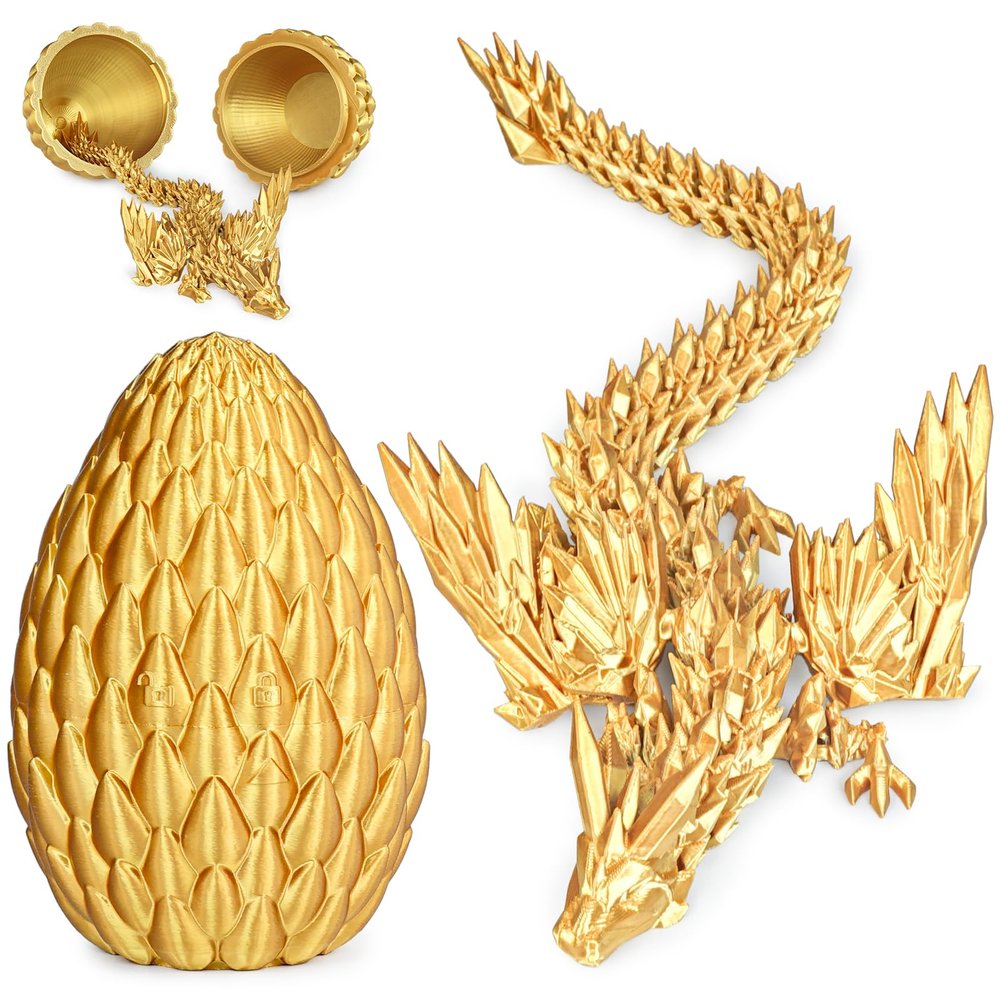 3D Printed Dragon Eggs with Articulated Fly Dragon Inside, Collectible Figurines Fidget Toy for Adults Kids Birthday Easter Christmas White Elephant Gifts for Friends Colleagues(Gold, M size)
