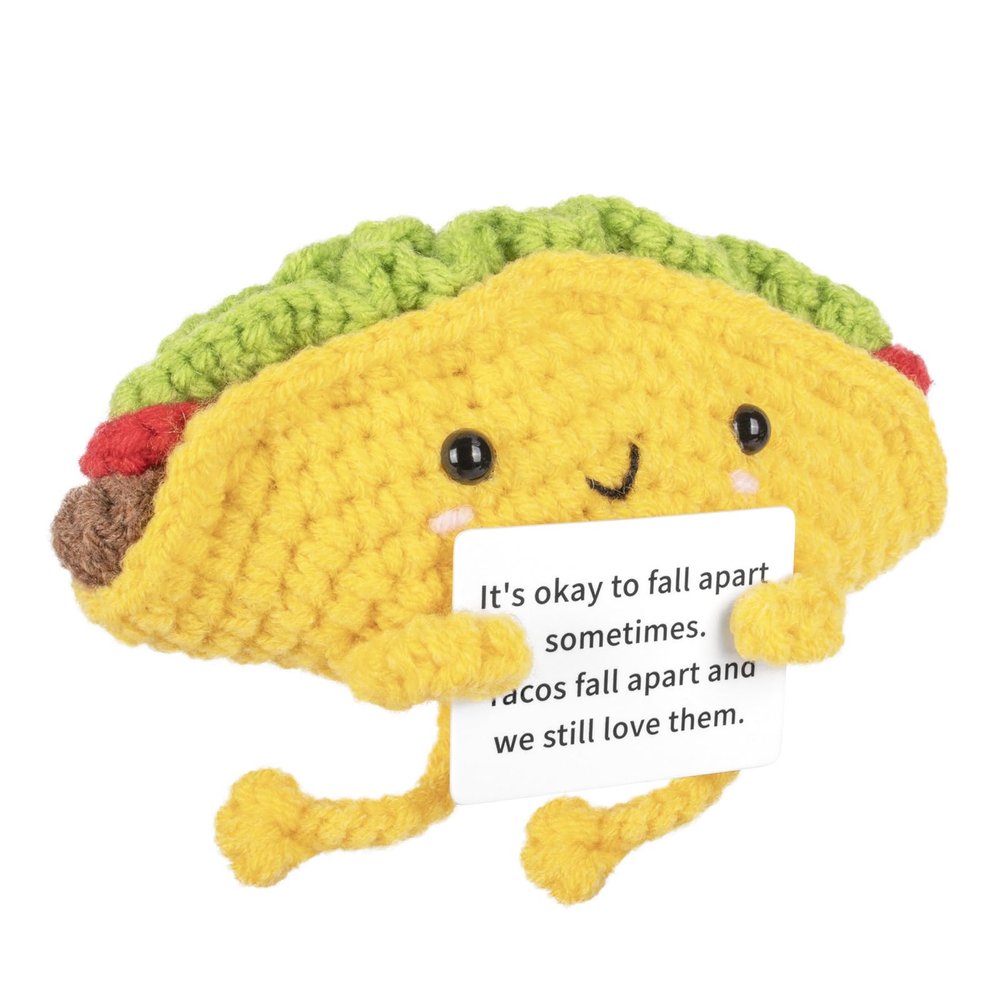 A AIFAMY Funny Positive Coffee, Emotional Crochet Doll, Cute Crochet Potato Partner Toy with Positive Card Cheer Up Funny Gag Gifts for Best Friend Birthday Women Teacher FallTaco