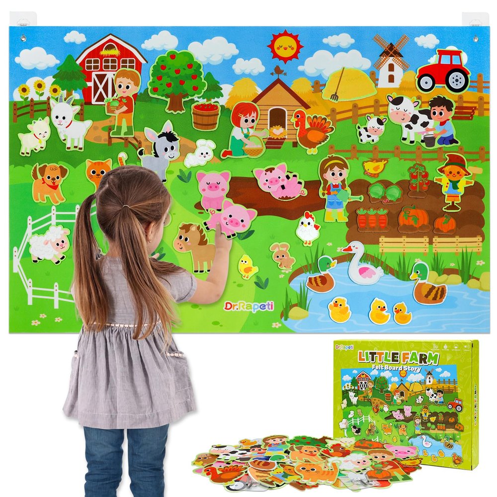 Dr.Rapeti Farm Animals Felt Story Board Set 41PCS Preschool Farmhouse Barnyard Theme Busy Board Story Set Storytelling Early Learning Interactive Play Kit Wall Hanging for Toddlers Kids Children 4+