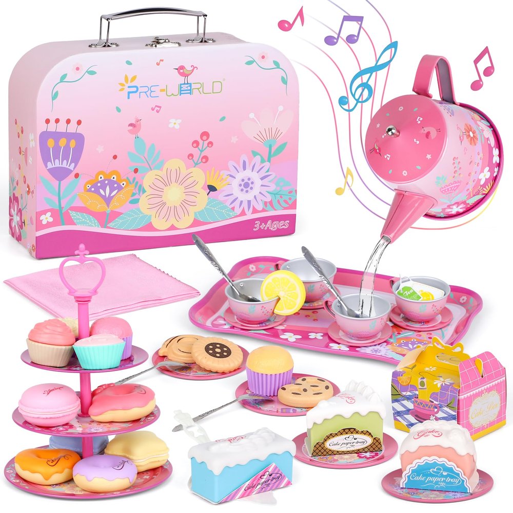 Tea Party Set for Toddles 3-5,PRE-WORLD Musical Kids Tea Set for Little Girls with Dessert,Cookies,Doughnut,Cake,Cake Stand,Tablecloth & Carrying Case,Kitchen Pretend Play Toys for Girls Boys Age 3-6