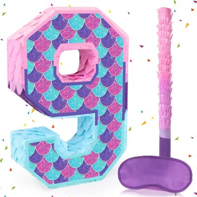 Adecortalk Mermaid Number 9 Pinata with Pinata Stick and Blindfold for Girls Mermaid Party Game Decorations Under the Sea Ocean Theme Birthday Carnival Activity Decorations (15.8 x 9.5 x 3.2 In)