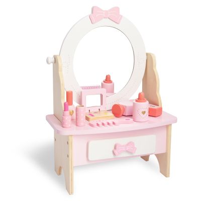 Wooden Vanity Set for Kids, Pretend Play Toddler Makeup Vanity Table Toys with 360 Rotatable Mirror, Beauty Salon Set Includes Makeup Accessories, Little Girls Gift Age 3+ (White)