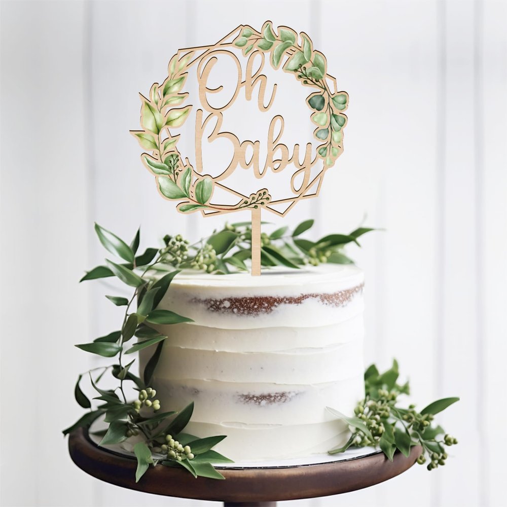 Party to Be Oh Baby Cake Topper in Wood Baby Shower Party Greeny Cake Decoration (Design 01)