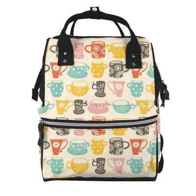 Qozbom Vintage Cup Print Diaper Backpack Large Capacity Baby Bag Multifunction Travel Pack Maternity Baby Changing Bags