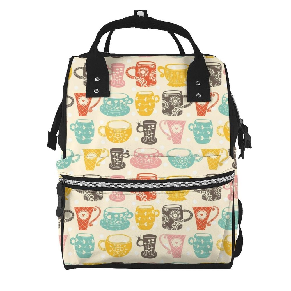 Qozbom Vintage Cup Print Diaper Backpack Large Capacity Baby Bag Multifunction Travel Pack Maternity Baby Changing Bags