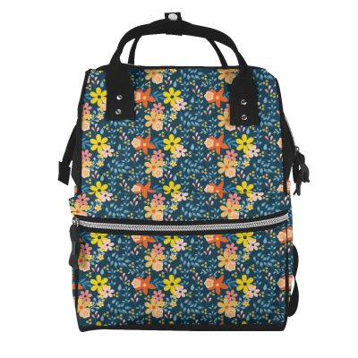 Qozbom Blue Floral Print Diaper Backpack Large Capacity Baby Bag Multifunction Travel Pack Maternity Baby Changing Bags