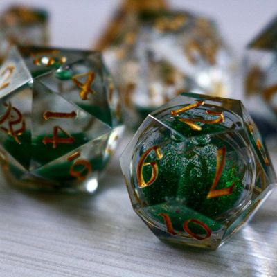 Runic Dice Green Glitter Liquid Core Sharp Edge Resin Dice | 7 Pcs Polyhedral RPG Dice Set with Box | Hand Carved Liquid Core RPG Dice for Dungeons & Dragons, Pathfinder, Tabletop Games