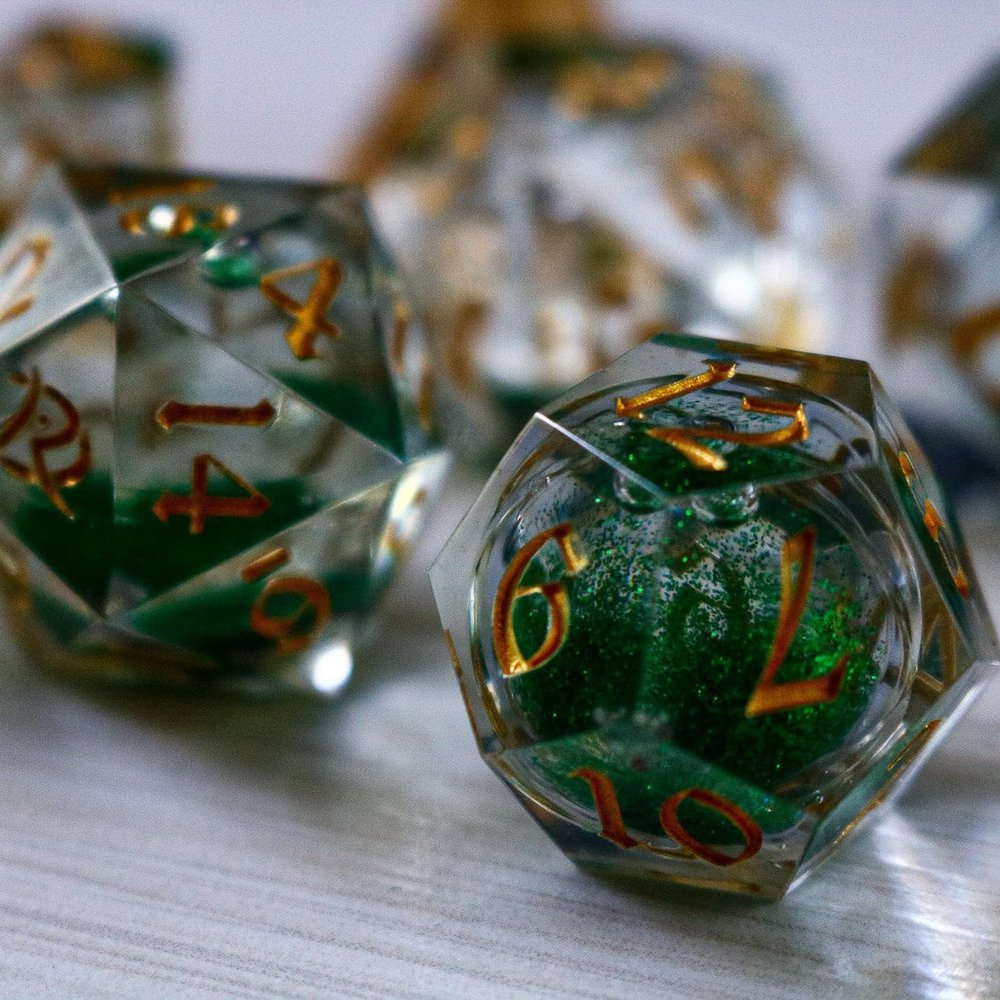 Runic Dice Green Glitter Liquid Core Sharp Edge Resin Dice | 7 Pcs Polyhedral RPG Dice Set with Box | Hand Carved Liquid Core RPG Dice for Dungeons & Dragons, Pathfinder, Tabletop Games