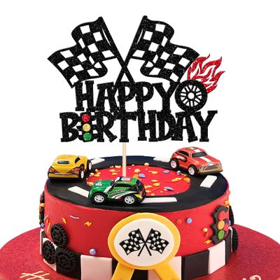1 PCS Race Car Happy Birthday Cake Topper Glitter Traffic Light Trophy Flag Wheel Racing Car Cake Pick for Let's Go Racing Theme Baby Shower Boys Girls Birthday Party Cake Decorations Supplies