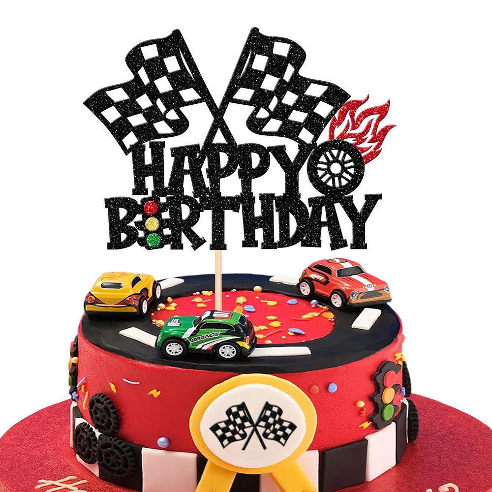 1 PCS Race Car Happy Birthday Cake Topper Glitter Traffic Light Trophy Flag Wheel Racing Car Cake Pick for Let's Go Racing Theme Baby Shower Boys Girls Birthday Party Cake Decorations Supplies