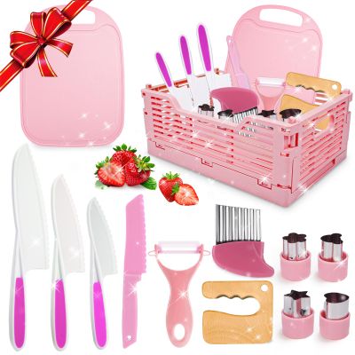 Kids Kitchen Knife Set for Real Cooking & Basket,Montessori Toys for 3 4 5 6 7 8 9 10 Year Old Girls Birthday Gifts, Toddler Knife Set, Toddler Kitchen Tools