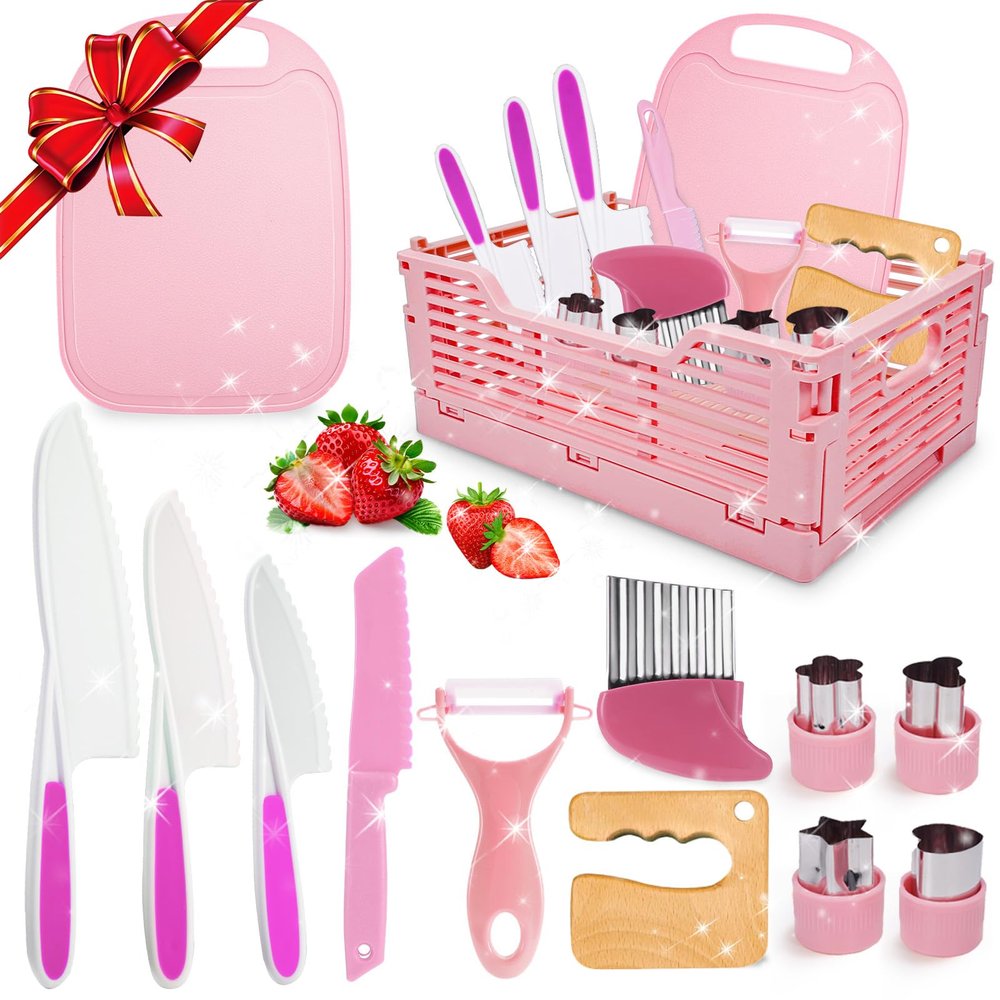 Kids Kitchen Knife Set for Real Cooking & Basket,Montessori Toys for 3 4 5 6 7 8 9 10 Year Old Girls Birthday Gifts, Toddler Knife Set, Toddler Kitchen Tools