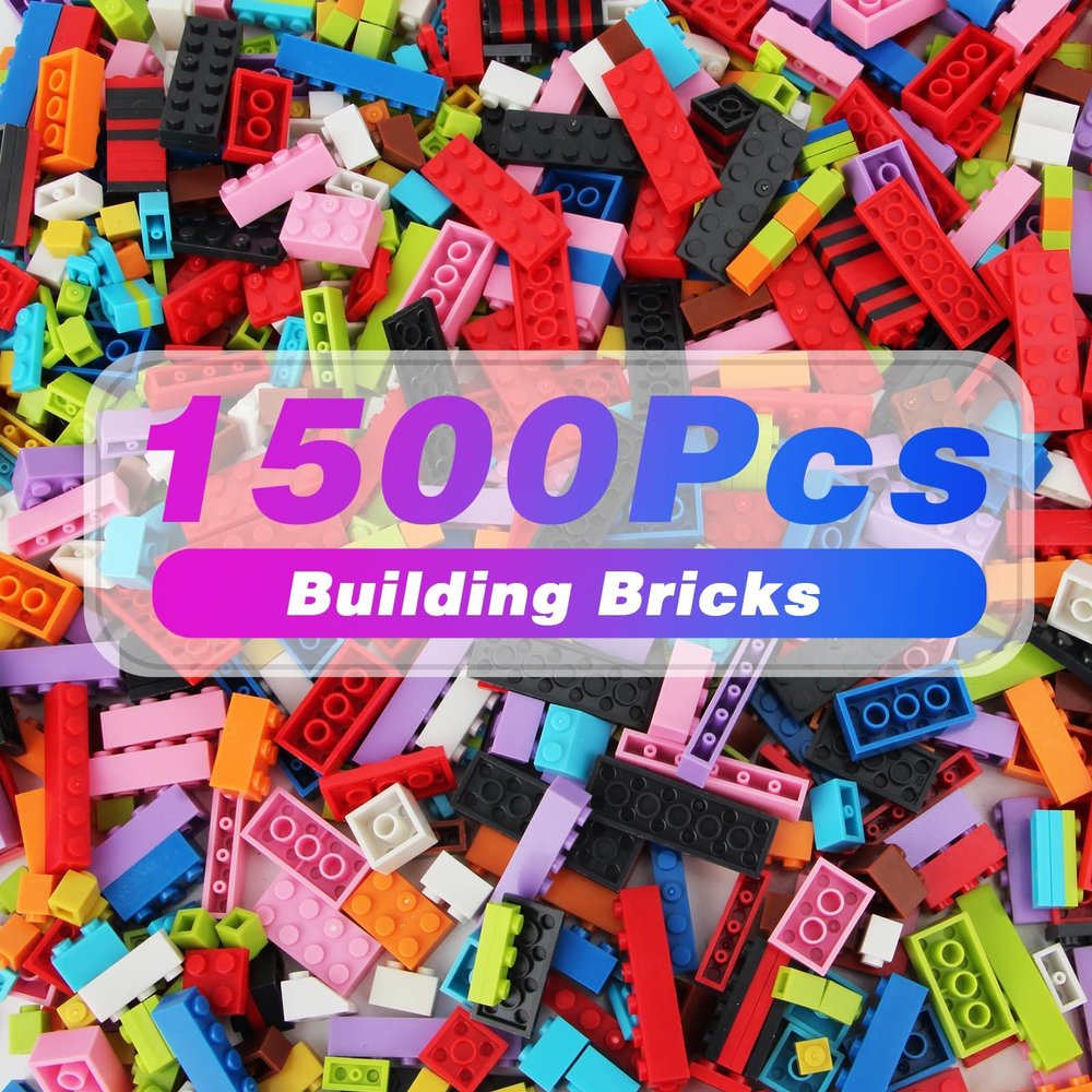 Anksono 1500 Pieces Building Bricks, Classic Bulk Building Blocks Set, Creative Building Toys Compatible with All Major Brands, Gfits for Kids - 16 Shapes / 10 Colors