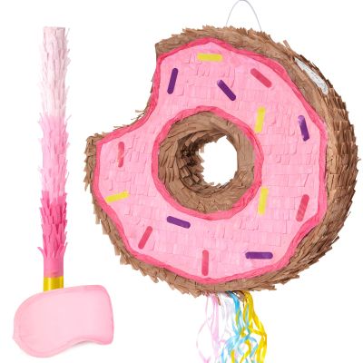 WERNNSAI Donut Piata - Pink Donut Pinata with String Birthday Party Decorations Piata with Stick Blindfold for Girls Kids Dount Pull String Pinata Family Games Birthday Party Supplies