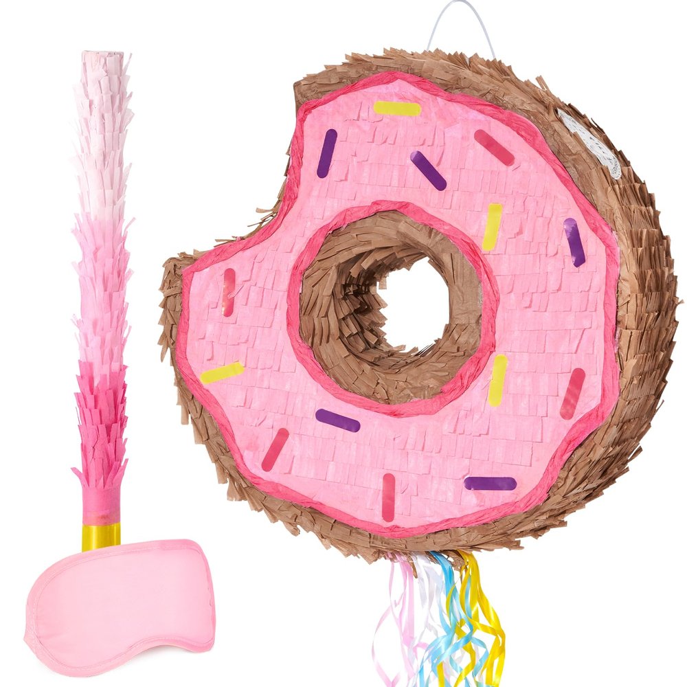 WERNNSAI Donut Piata - Pink Donut Pinata with String Birthday Party Decorations Piata with Stick Blindfold for Girls Kids Dount Pull String Pinata Family Games Birthday Party Supplies