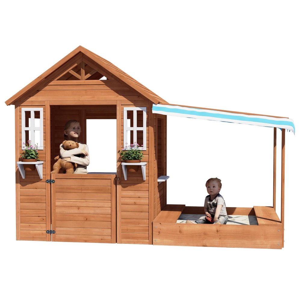 BIRASIL Kids Playhouse with Sandbox, Wooden Outdoor Cottage Play House with Sand Pit for Backyard Garden Ages 3 to 10 Years Old (Brown)