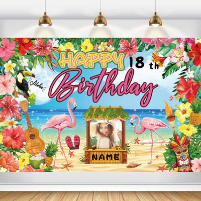 AUBAO Custom Happy Birthday Banner Flamingo Themed Party Decoration Backdrop Party Supplies Tropical Floral Photo Booth Hawaiian Themed Party Decoration for Luau Beach (6x9ft)