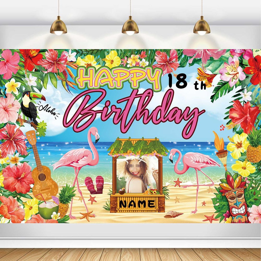 AUBAO Custom Happy Birthday Banner Flamingo Themed Party Decoration Backdrop Party Supplies Tropical Floral Photo Booth Hawaiian Themed Party Decoration for Luau Beach (6x9ft)