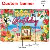 AUBAO Custom Happy Birthday Banner Flamingo Themed Party Decoration Backdrop Party Supplies Tropical Floral Photo Booth Hawaiian Themed Party Decoration for Luau Beach (6x9ft) view 2