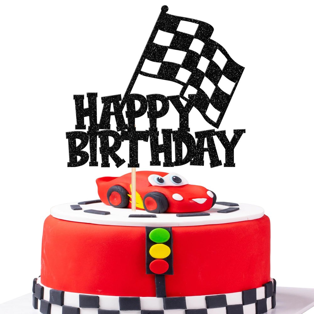 1 PCS Race Car Cake Topper Black Glitter Checkered Flag Happy Birthday Cake Pick Racing Car Cake Decoration for Let's Go Racing Theme Baby Shower Kids Boys Girls Birthday Party Supplies