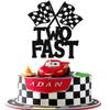 1 PCS Two Fast Birthday Cake Topper Black Glitter Checkered Flag Racing Car 2nd Birthday Cake Pick for Let's Go Racing Theme Boys Girls Kids Second Birthday Party Cake Decorations Supplies view 1