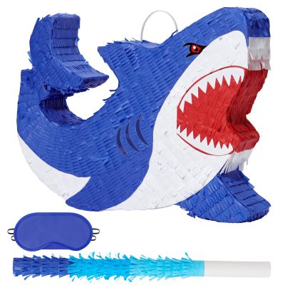 WERNNSAI Shark Piata - Ocean Shark Birthday Party Decorations Kids Boys Pinata with Blindfold and Bat for Under the Sea Party Supplies Baby Shower Birthday Game Set