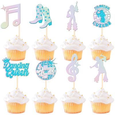 24 PCS Dancing Queen Cupcake Toppers Glitter Disco Ball Music Note Singer Dance Cupcake Picks for Vintage Disco Dancing Theme Wedding Women Birthday Party Cake Decorations Supplies Blue