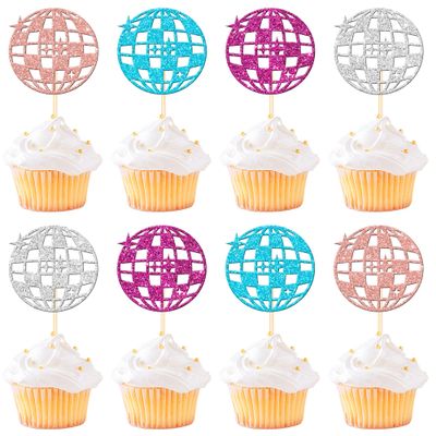 24 Colorful Disco Ball Cupcake Toppers - Dancing Cupcake Decorations for 70s Disco Music Theme Party Supplies