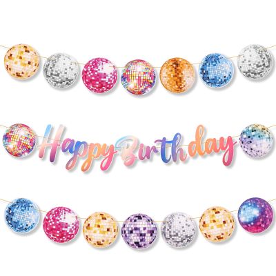 3pcs Glitter Disco Party Banner, Hanging 70s Disco Themed Birthday Sign Happy Birthday Garland Colorful Happy Birthday Decorations Shiny 1970s Disco Ball Birthday Party Banner for Boys Girls Cake