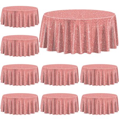 9 Pack Pink Rose Gold Tablecloths for Round Table, 84x84'' Rose Gold Sequin Printed Plastic Round Table Cover, Rose Gold Glitter Party Decorations for Girls Birthday Wedding Graduation Princess Party